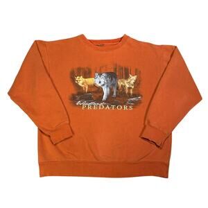 Vintage Woodland Predators Wolf Coyote Graphic Crewneck Sweatshirt Orange Medium